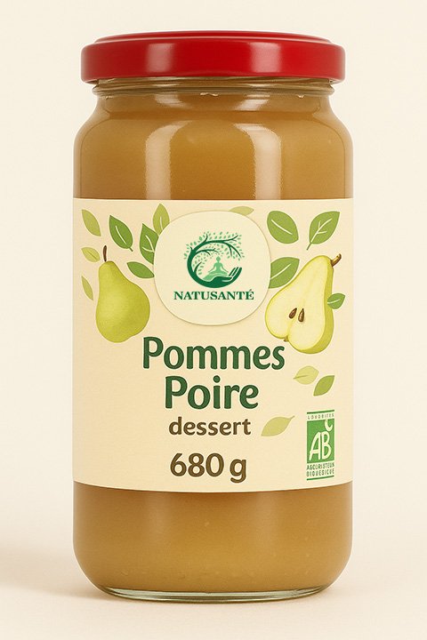 Dessert compote bio pomme de France poire williams