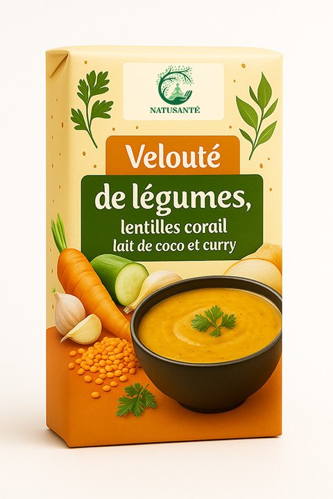 Velouté de légumes, lentilles corail, lait de coco et curry - bio