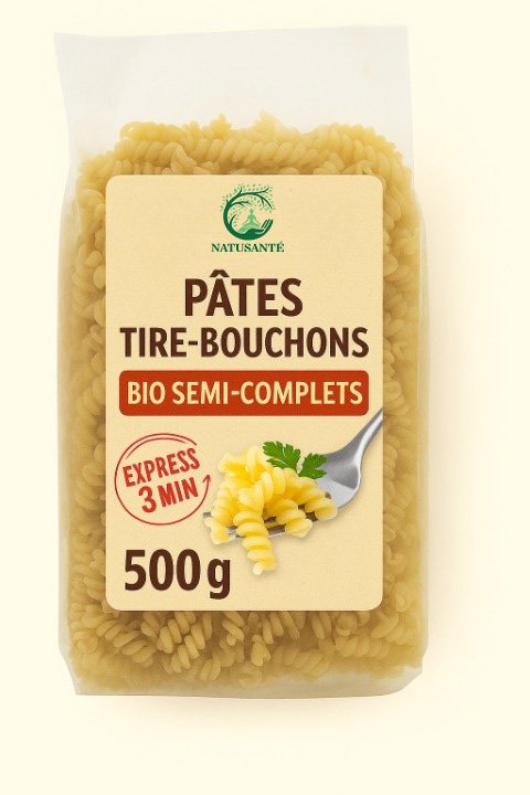 Pâtes tire-bouchons bio semi-complets