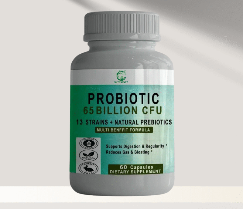Probiotiques  65 milliards  CFU + 13 souches & naturels prébiotiques,  60 capsules